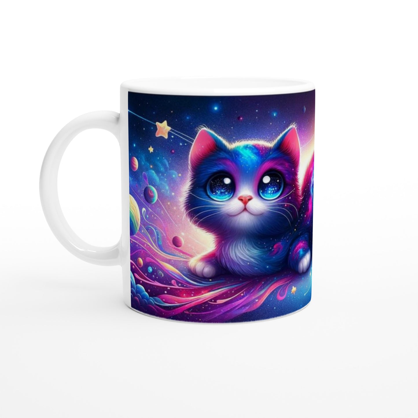 Whimsical Galaxy Cat Ceramic Mug - 11oz White