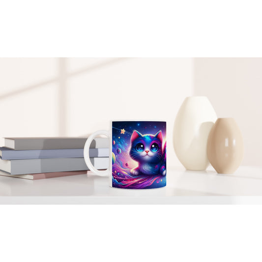 Whimsical Galaxy Cat Ceramic Mug - 11oz White