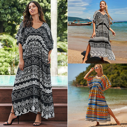 Women's Holiday Cotton Pumping Belt Beach Cover-up Sun Protection Shirt Dress